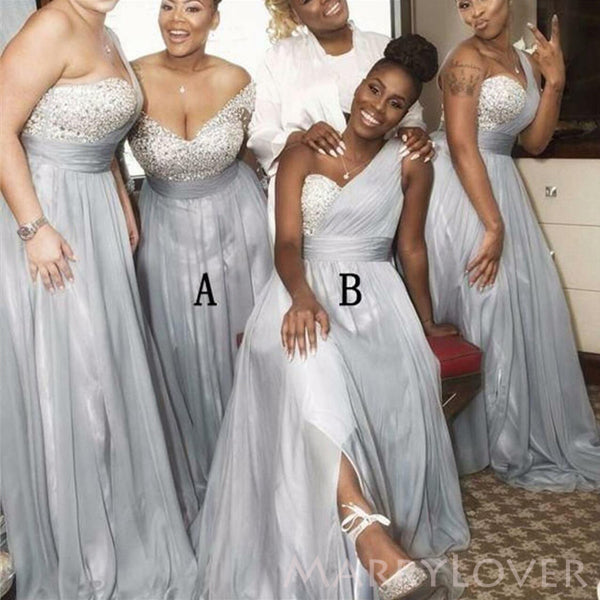 A-line Mismatched Silver Chiffon Beaded Long Custom Bridesmaid Dresses, BN1143