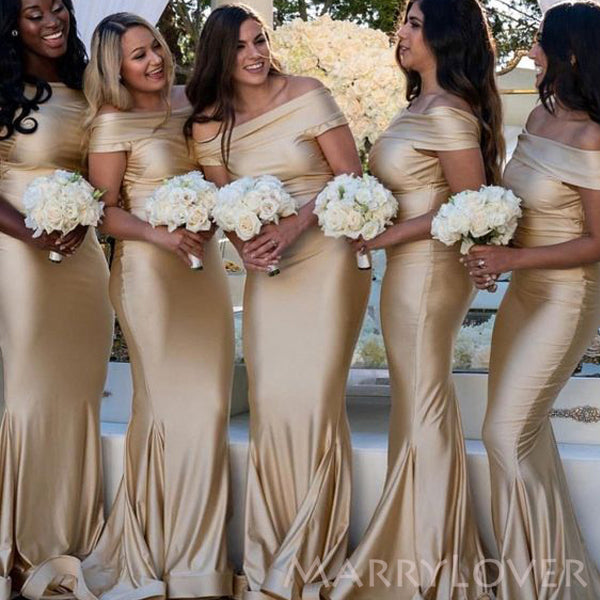 Off Shoulder Mermaid Gold Satin Long Custom Bridesmaid Dresses , BN1144