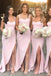 Pink Spaghetti Straps Mermaid Long Side Slit Custom Bridesmaid Dresses , BN1145