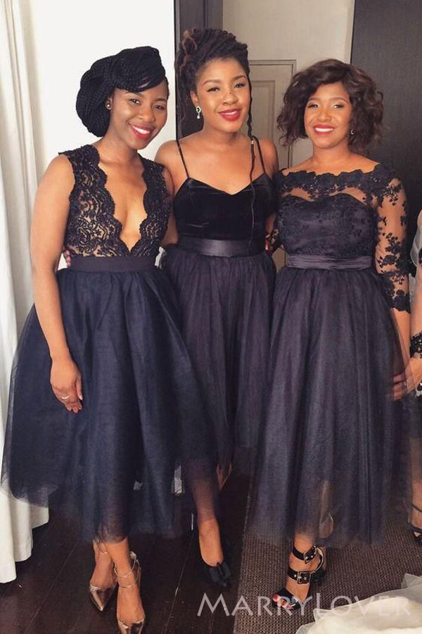 Dark Navy Tulle Lace Mismatched Long Custom Bridesmaid Dresses , BN1147
