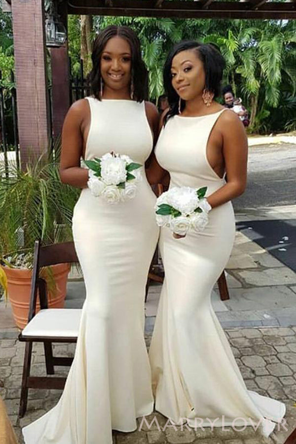 Mermaid White Long Bateau Custom Bridesmaid Dresses , BN1157