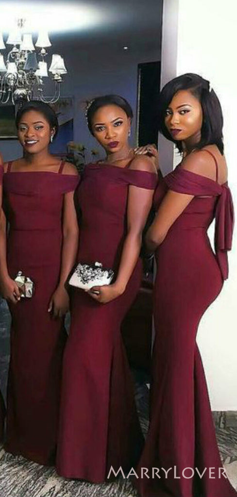 Spaghetti Straps Burgundy Long Mermaid Custom Bridesmaid Dresses , BN1167