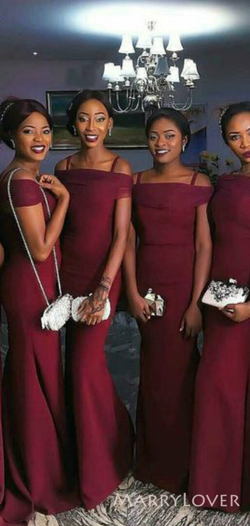 Spaghetti Straps Burgundy Long Mermaid Custom Bridesmaid Dresses , BN1167