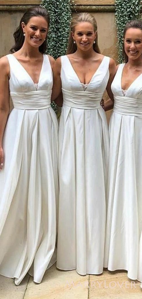 Simple A-line Deep V-neck White Long Custom Bridesmaid Dresses , BN1171
