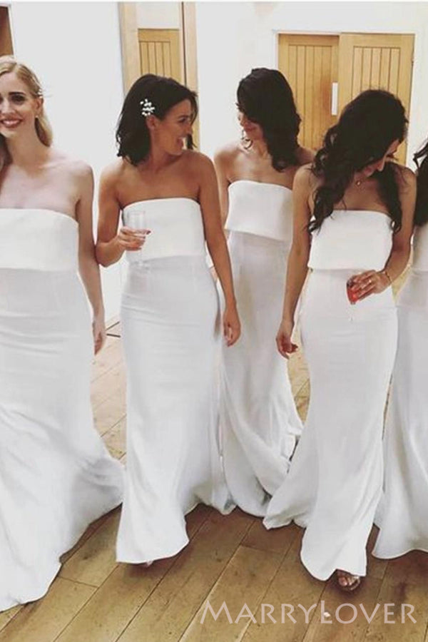 Simple Strapless White Long Mermaid Custom Bridesmaid Dresses , BN1174