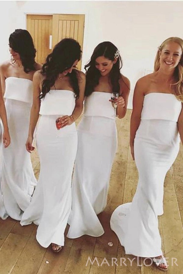 Simple Strapless White Long Mermaid Custom Bridesmaid Dresses , BN1174