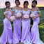 Lavender Satin Off Shoulder Appliques Long Mermaid Custom Bridesmaid Dresses , BN1179