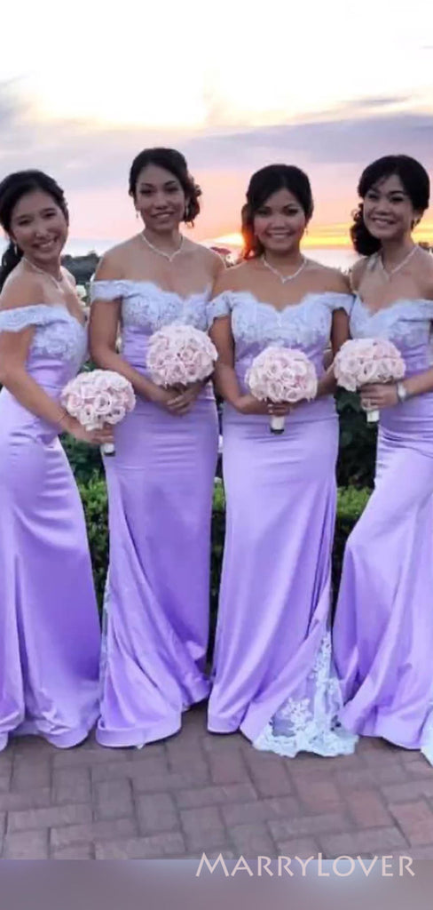 Lavender Satin Off Shoulder Appliques Long Mermaid Custom Bridesmaid Dresses , BN1179