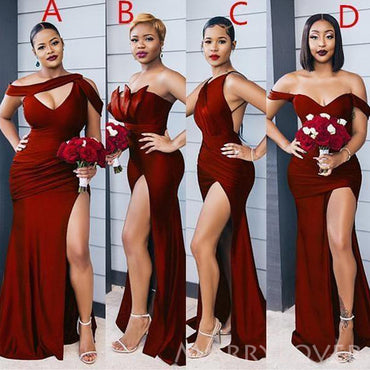 Mismatched Burgundy Satin Long Mermaid Custom Bridesmaid Dresses , BN1182