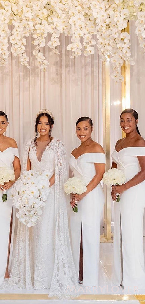 Off Shoulder White Side Slit Long Mermaid Custom Bridesmaid Dresses , BN1185