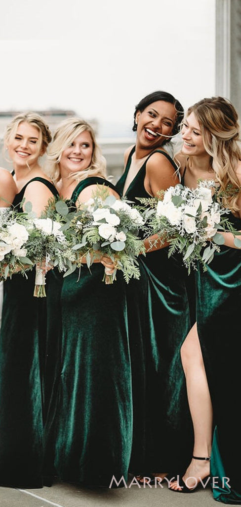 Simple Dark Green Velvet Mismatched Long Custom Bridesmaid Dresses , BN1186