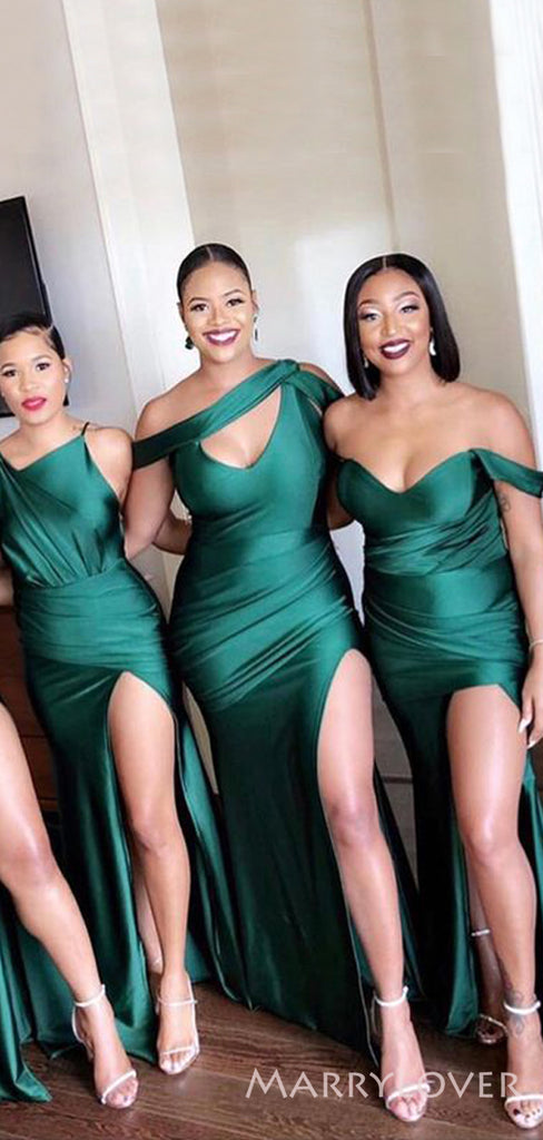 Mismatched Dark Green Satin Side Slit Long Mermaid Custom Bridesmaid Dresses , BN1187