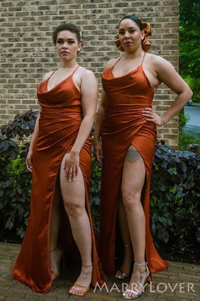 Spaghetti Straps Burnt Orange Satin Long Custom Bridesmaid Dresses , BN1189