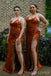 Spaghetti Straps Burnt Orange Satin Long Custom Bridesmaid Dresses , BN1189