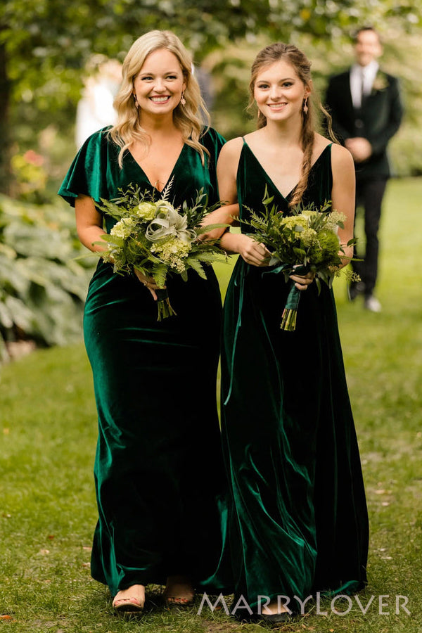 Mismatched Dark Green Velvet Deep V-neck Long Custom Bridesmaid Dresses , BN1191