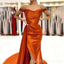 Burnt Orange Satin Off Shoulder Mermaid Long Side Slit Custom Bridesmaid Dresses , BN1193