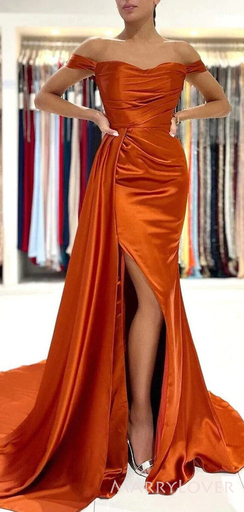 Burnt Orange Satin Off Shoulder Mermaid Long Side Slit Custom Bridesmaid Dresses , BN1193