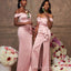 Pink Satin Off Shoulder Mermaid Long Side Slit Custom Bridesmaid Dresses , BN1196