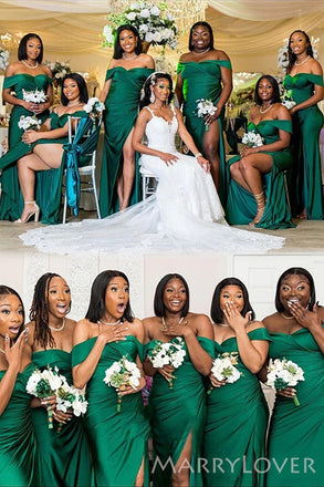 Off Shoulder Dark Green Sheath Long Side Slit Custom Bridesmaid Dresses , BN1201