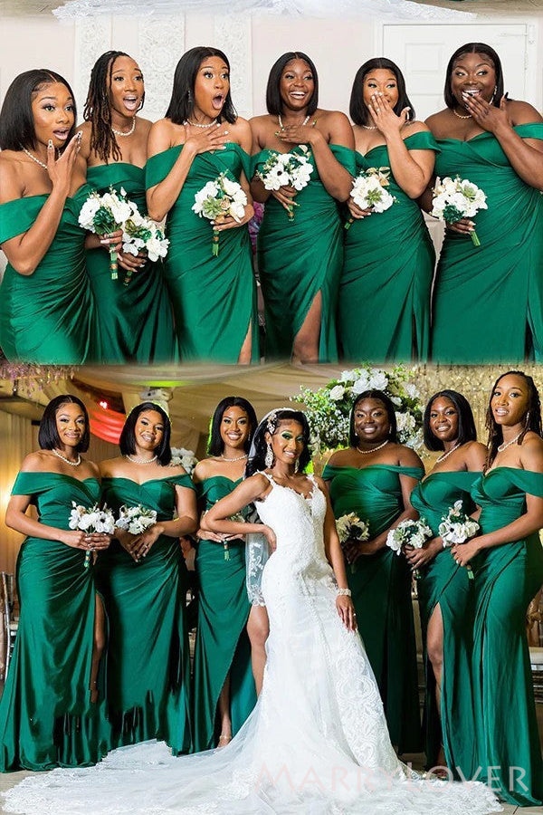Off Shoulder Dark Green Sheath Long Side Slit Custom Bridesmaid Dresses , BN1201
