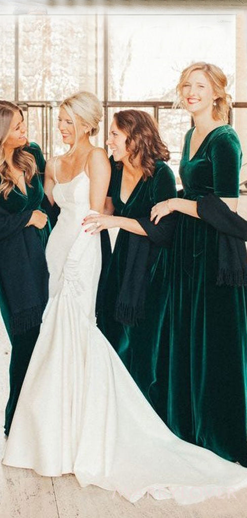 Simple Dark Green Velvet Half Sleeves Long V-neck Custom Bridesmaid Dresses , BN1202