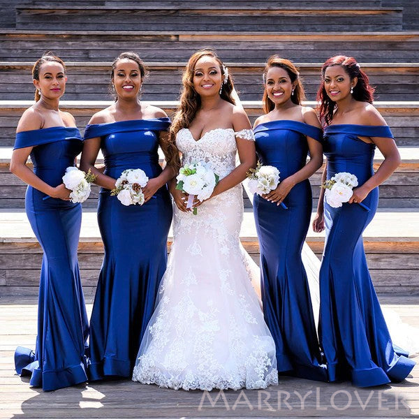 Simple Royal Blue Satin Off Shoulder Mermaid Long Custom Bridesmaid Dresses , BN1203