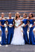 Simple Royal Blue Satin Off Shoulder Mermaid Long Custom Bridesmaid Dresses , BN1203