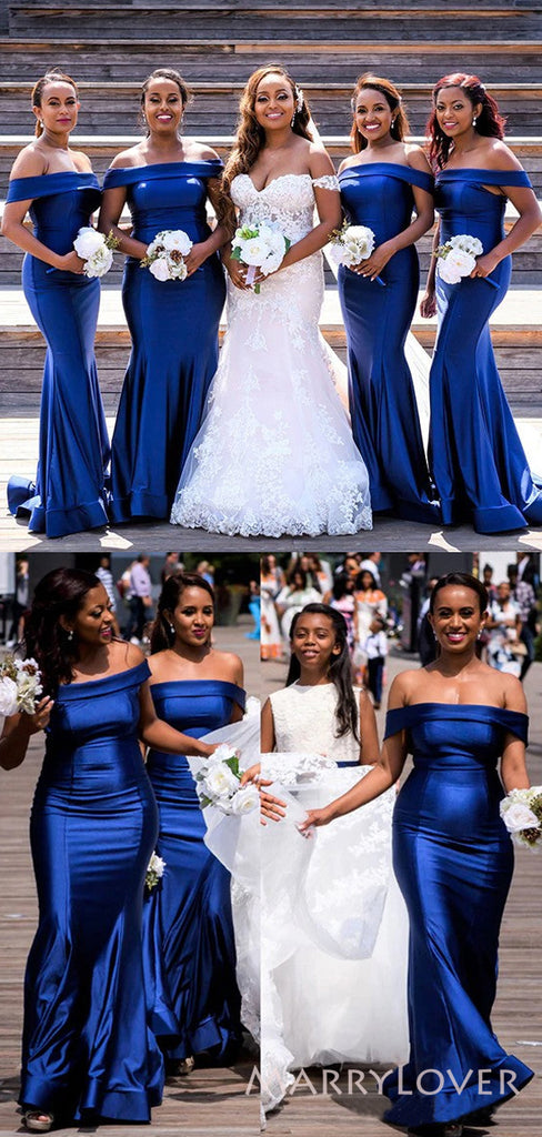 Simple Royal Blue Satin Off Shoulder Mermaid Long Custom Bridesmaid Dresses , BN1203