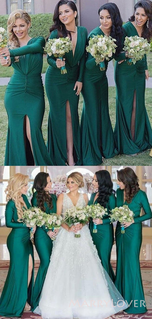 Simple Sheath Dark Green Long Sleeves Long Side Slit Custom Bridesmaid Dresses , BN1204