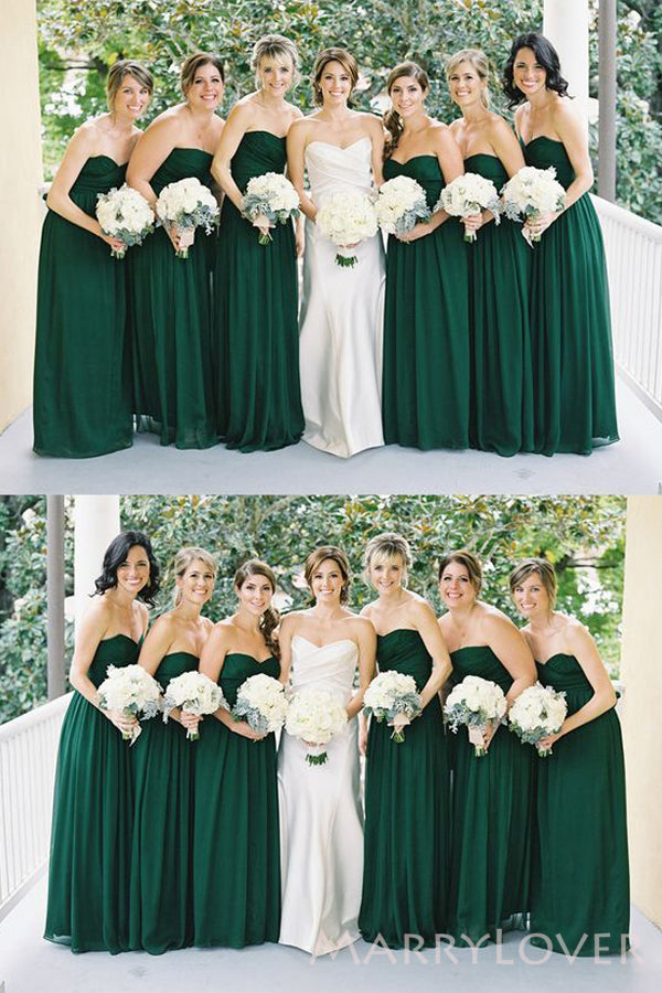 A-line Dark Green Chiffon Strapless Long Custom Bridesmaid Dresses , BN1208