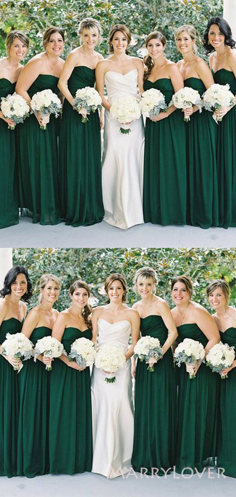 A-line Dark Green Chiffon Strapless Long Custom Bridesmaid Dresses , BN1208