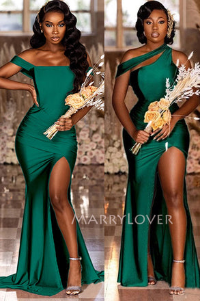 Mismatched Dark Green Satin  Mermaid Long Side Slit Custom Bridesmaid Dresses , BN1214