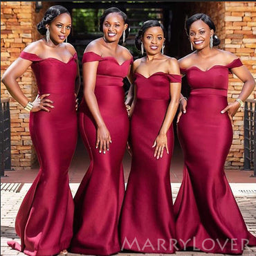 Off Shoulder Simple Dark Red Satin Mermaid Long Custom Bridesmaid Dresses , BN1215