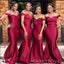 Off Shoulder Simple Dark Red Satin Mermaid Long Custom Bridesmaid Dresses , BN1215