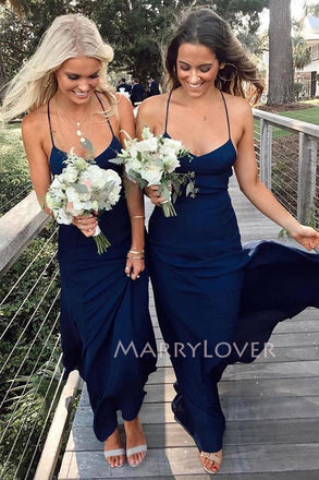 Simple Spaghetti Straps Navy Blue Chiffon Long Custom Bridesmaid Dresses , BN1218