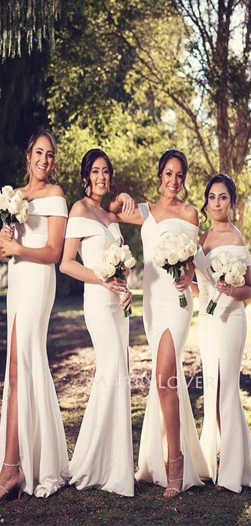 Simple Off Shoulder White Mermaid Long Side Slit Custom Bridesmaid Dresses , BN1220