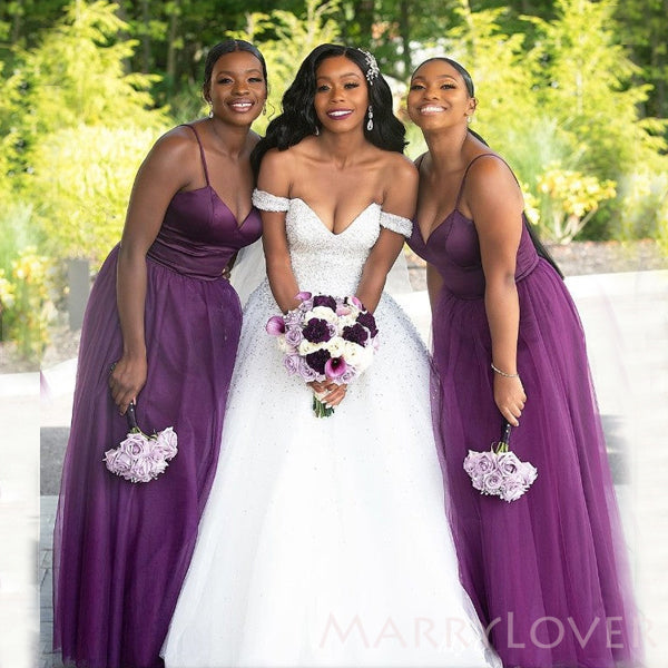 A-line Spaghetti Straps Purple Tulle Long Custom Bridesmaid Dresses , BN1224