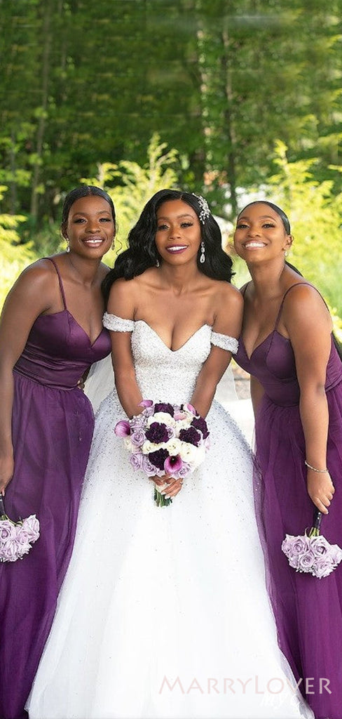 A-line Spaghetti Straps Purple Tulle Long Custom Bridesmaid Dresses , BN1224