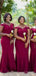 Simple Burgundy Off Shoulder Spaghetti Straps Long Mermaid Custom Bridesmaid Dresses , BN1228