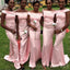 Pink Satin Off Shoulder Long Mermaid Custom Bridesmaid Dresses , BN1231