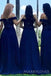 Off Shoulder Navy Blue Chiffon Appliques Long A-line Custom Bridesmaid Dresses , BN1232