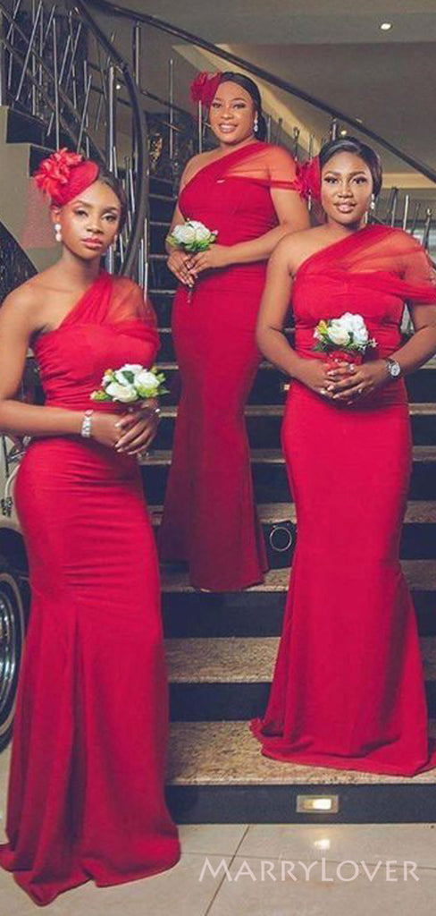 One Shoulder Red Long Mermaid Custom Bridesmaid Dresses , BN1235