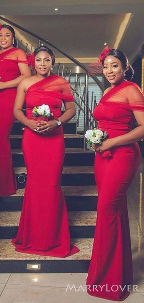 One Shoulder Red Long Mermaid Custom Bridesmaid Dresses , BN1235