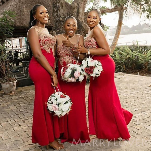 Mermaid Appliques Red Long Custom Bridesmaid Dresses , BN1238