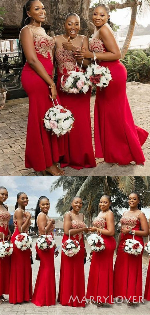 Mermaid Appliques Red Long Custom Bridesmaid Dresses , BN1238