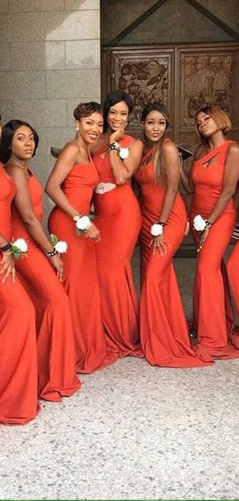 Simple One Shoulder Mermaid Long Custom Bridesmaid Dresses , BN1239