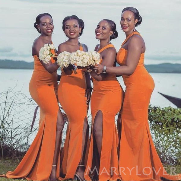 One Shoulder Orange Mermaid Long Side Slit Custom Bridesmaid Dresses , BN1241