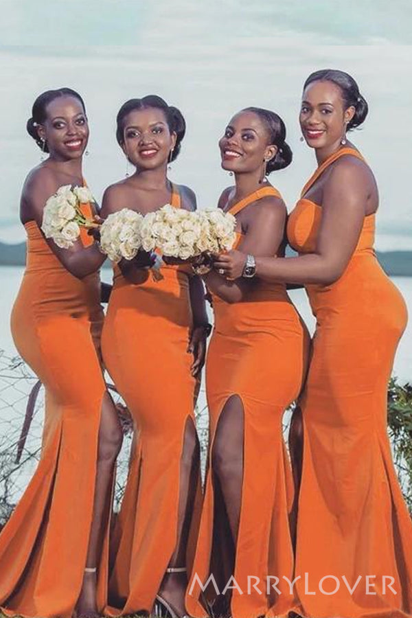 One Shoulder Orange Mermaid Long Side Slit Custom Bridesmaid Dresses , BN1241