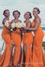 One Shoulder Orange Mermaid Long Side Slit Custom Bridesmaid Dresses , BN1241