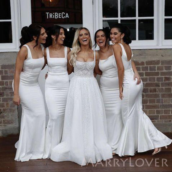 White Satin Mermaid Long Spaghetti Straps Custom Bridesmaid Dresses , BN1243